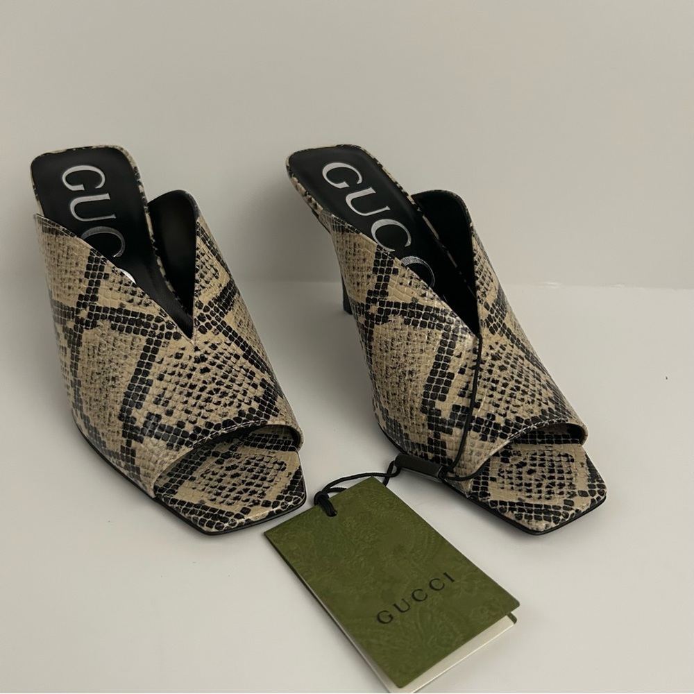Gucci Beige Avana Python Calf Print Leather Square Open Toe Slip On Mules 36.5